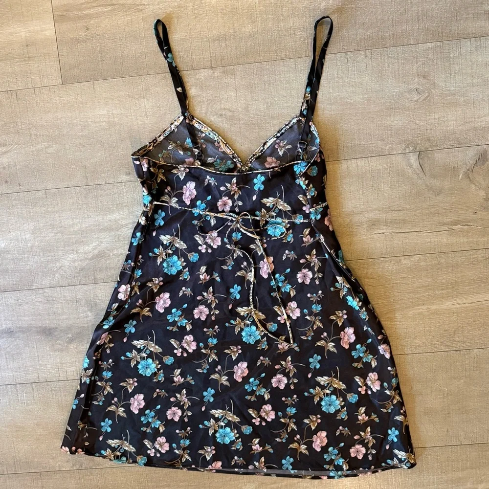 VTG Adonna chocolate Brown Floral satin slip Dress tie front back size large Y2K
